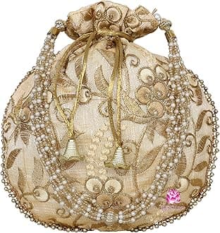 Potli Bag for Women Ethnic Gold, Pearl Handle Floral Accents, Drawstring Closure Pearls Handle Batwa Clutch Purse