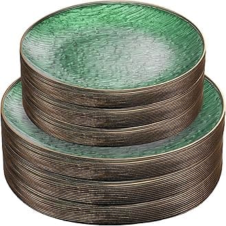 PLASTICPRO 96 Pieces Elegant Plastic Plates for Party Green with Gold Rim Includes 7" inch and 10" inch Fancy Plastic Plates Disposable Dinnerware
