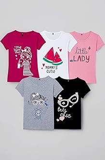 T2F Girls Cotton Printed Regular Fit T-Shirt (Pack of 5)