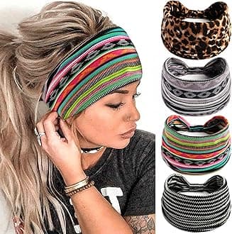 FULZTEY Boho Headbands for Women Fashion Cashew Head Bands Knot Wide Headwrap African Bandanas Turban Stretch Fabric Cotton Yoga Workout Hairbands for Women's Hair Accessories 4Pcs