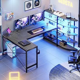SEDETA L Shaped Gaming Desk, 62.6'' Corner Computer Desk with Storage Shelves, U Shaped Gaming Desk with LED Lights, Headphone Hook for Home Office, Grey