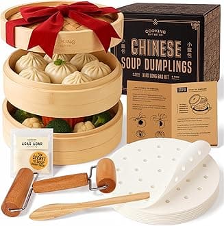 Cooking Gift Set Co. Bamboo Steamer Basket Soup Dumpling Kit - 2 Tier 8-Inch Dumpling Steamer for Cooking with Agar Agar, Roller, Spoon, Liners, Recipes & Step-by-Step Video (6-Piece Set)
