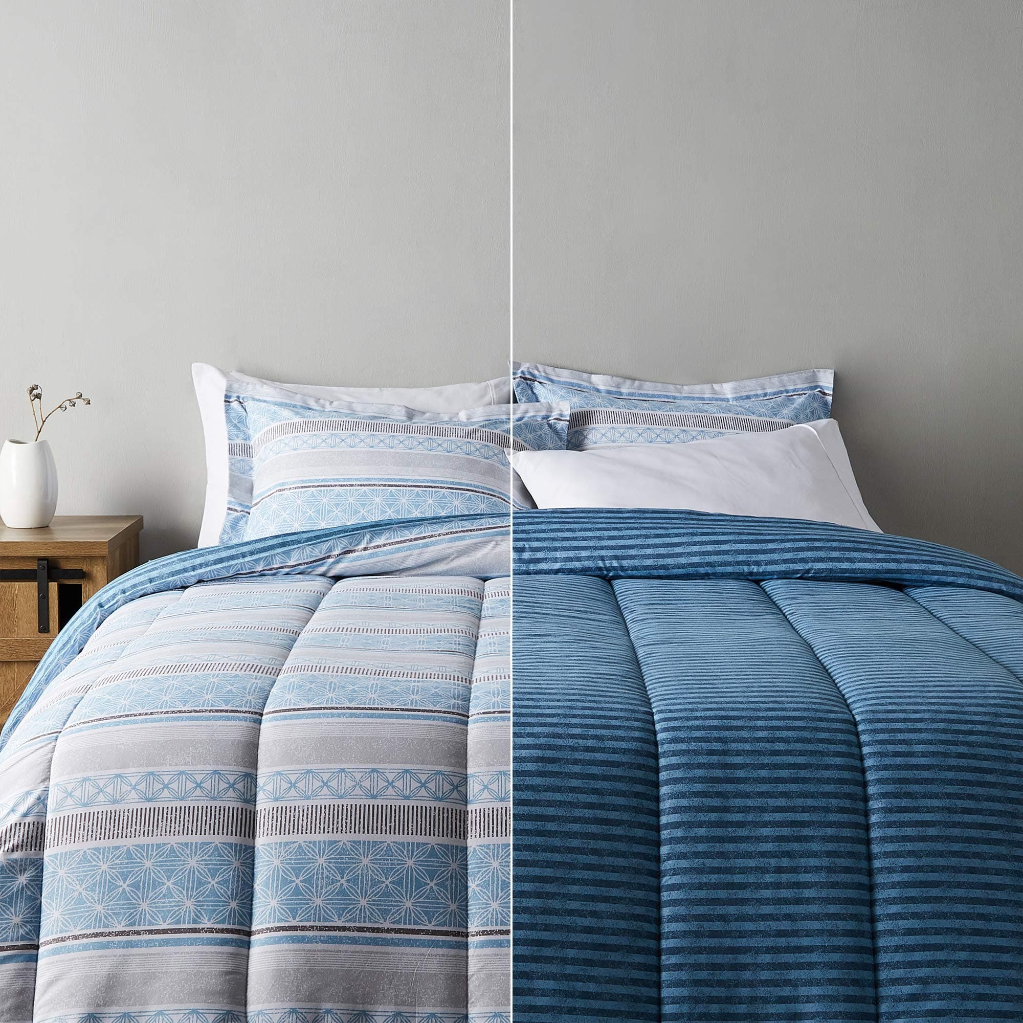 Amazon Basics Ultra-Soft Light-Weight Microfiber Reversible Comforter Bedding Set - King, Light Blue/Gray Stripes