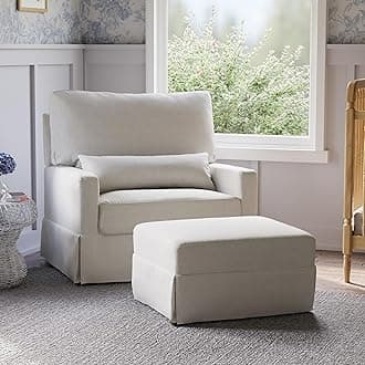 Namesake Crawford Pillowback Chair and a Half Comfort Swivel Glider in Fog Chatham Stripe Performance Eco-Weave, Water Repellent, Greenguard Gold & CertiPUR-US Certified