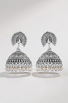 Estele Women & Girls Silver Oxidised Stylish Traditional Peacock Earrings