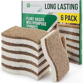 6 Pack Natural Washing Up Sponge, UK Brand Eco Friendly Kitchen Dish Cleaning Sponges, Compostable Cellulose & Coconut Eco Sponges & Scourers, Biodegradable Non Scratch for Heavy Duty Scrubbing
