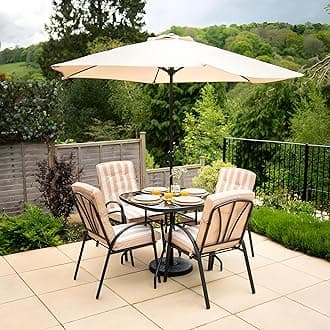 Hectare 4 Seater Metal Garden Furniture Outdoor Dining Set with Table and Parasol in Beige Stripe