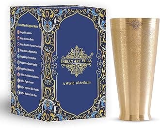 INDIAN ART VILLA Brass Lassi Glass, Embossed Design, 600 ml, Drinkware and Serveware for Lassi, Milk, Water and More, Traditional and Elegant, Height - 6.5 inches