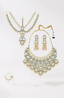 ZAVERI PEARLS Green Meenakari Kundan Bridal Necklace Earring Matha Patti & Nose Pin Set For Women-ZPFK21275