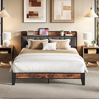 Queen Bed Frame, Storage Headboard with Charging Station, Solid and Stable, Noise Free, No Box Spring Needed, Easy Assembly