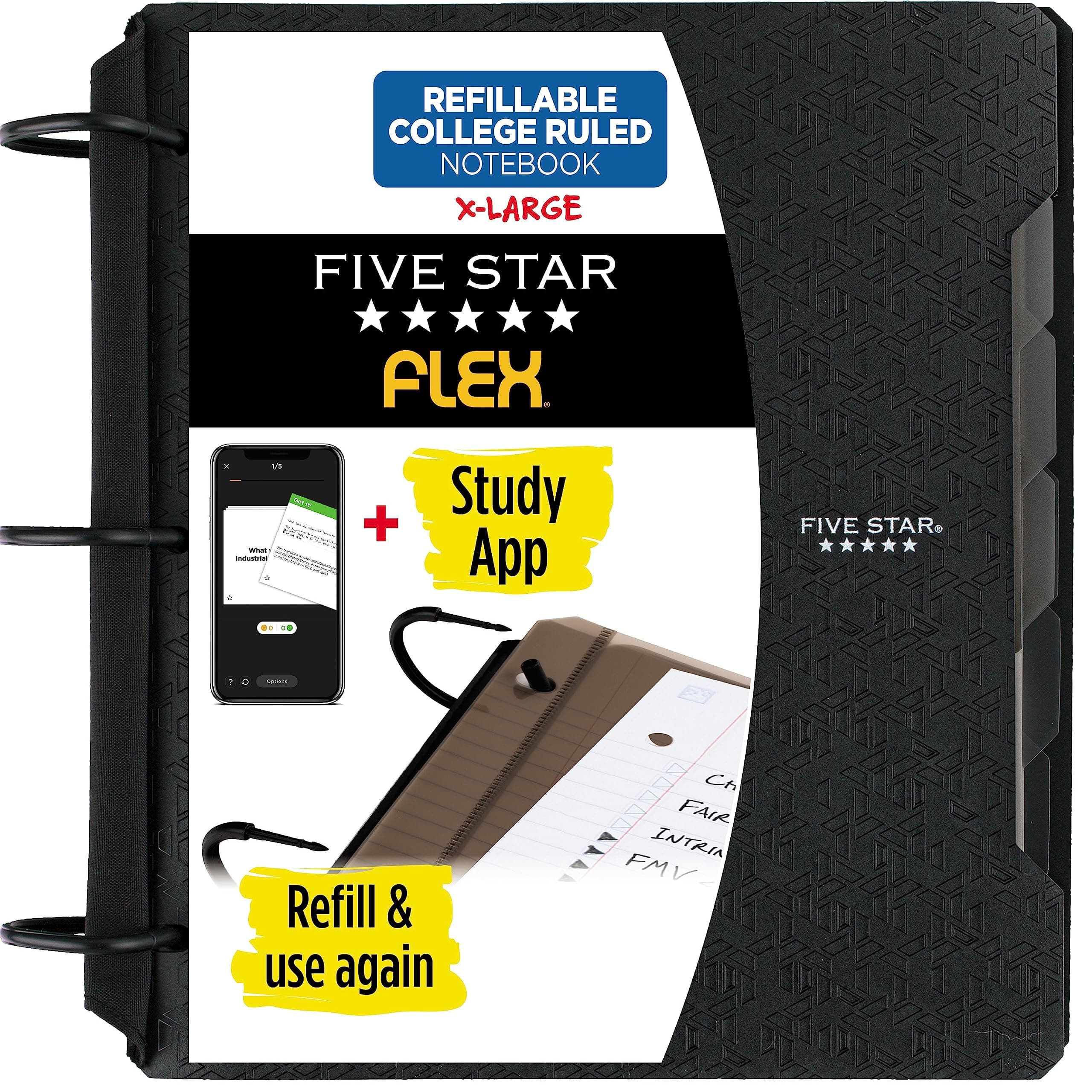Five Star Flex Refillable Notebook + Study App, College Ruled Paper and 1-1/2 Inch TechLock Ring Binder with Pockets, Tabs and Dividers, 300 Sheet Capacity, Black (29324AA2)