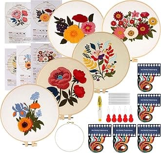 Maydear Complete Embroidery Starter Kit for Beginners - 5 Sets Punch Needle Set with Patterns, Hoops, Threads & Stitch Practice Guide for Adults, DIY Hand Embroidery Craft Kit