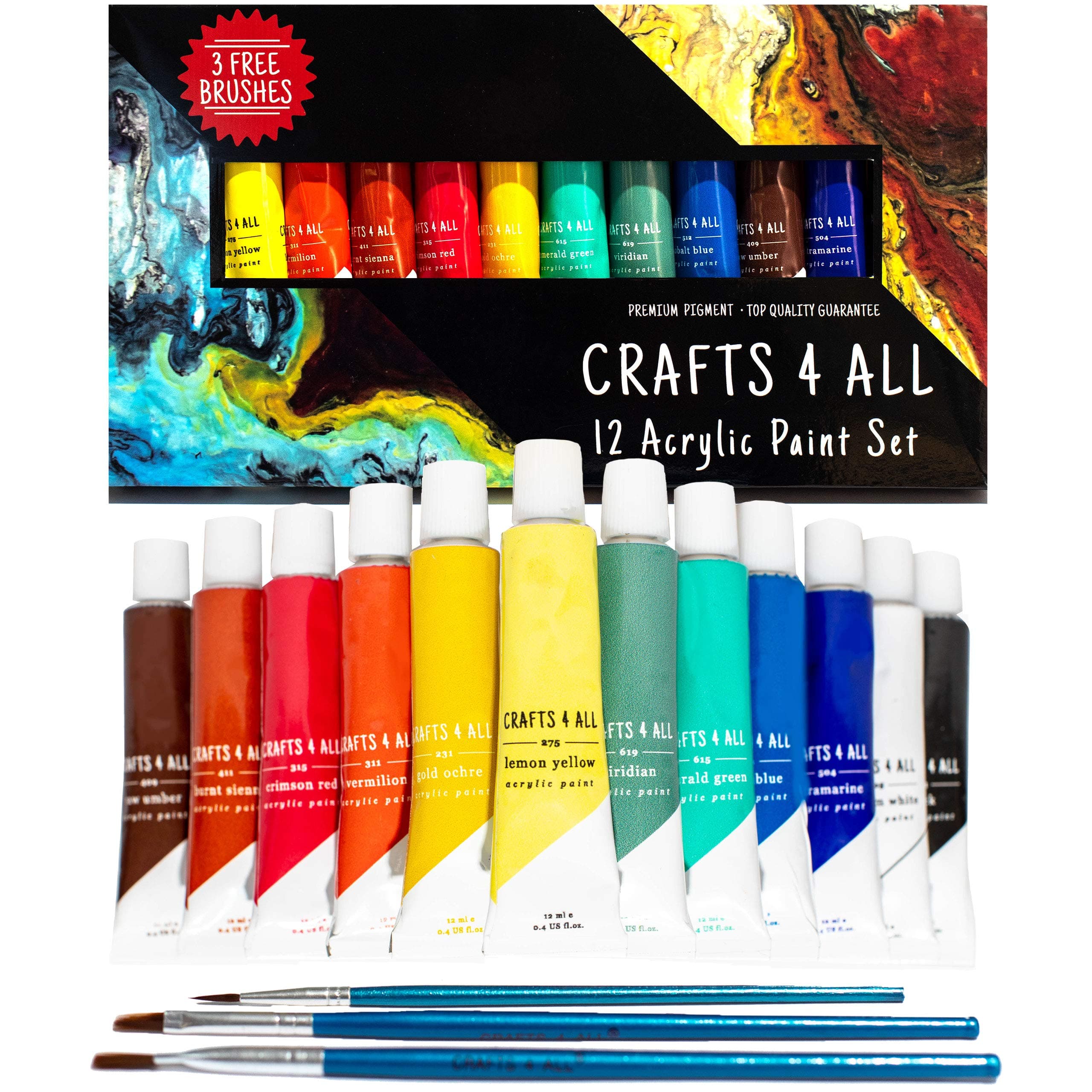 Crafts 4 All Acrylic Paint Set - Art Paints for Canvas, Model Painting, Wood, Ceramics and Fabric - Craft Supplies with 3 Artist Brushes for Adults & Kids, 12 Pack, 12mL