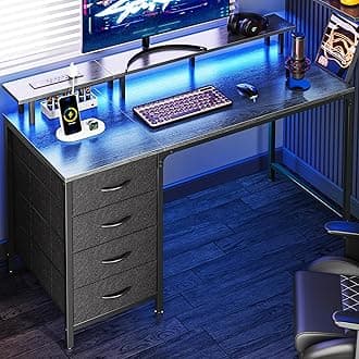 47 Inch Computer Desk with Power Outlets and LED Lights, Gaming Desk with 4 Drawers, Office Desk with Monitor Stand, Study Desk Work Desk for Home Office, Small Spaces, Gray