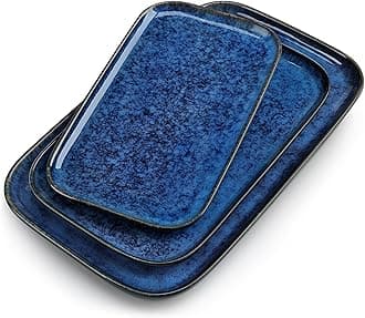Stern Serving Platters Set of 3, 15/13/ 11 Inches Rectangular Serving Plates, Blue Serving Trays for Entertaining, Party