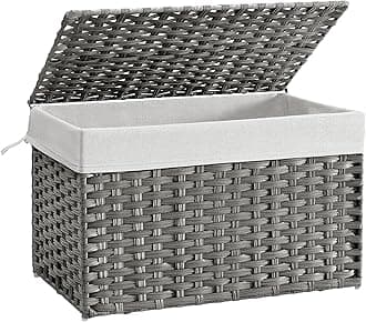 SONGMICS Storage Basket with Lid, Woven Blanket Storage Bin with Handles, Foldable, Removable Liner, Metal Frame, for Bedroom, Laundry Room, 27.7 Gallons (105 L), Gray URST066G01