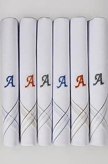 - Men's Initial Monogram (A-Z) Embroidery 100% Pure Cotton Handkerchief White Base With Colored Border - Pack Of 6