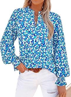MASCOMODA Womens V Neck Floral Long Sleeve Tops 2026 Summer Casual Loose Puff Sleeve Chiffon Boho Work Blouse Dressy T Shirts