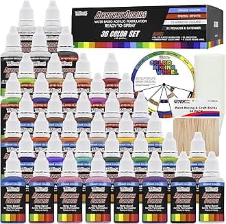 - U.S. Art Supply 36 Color Deluxe Acrylic Airbrush, Leather & Shoe Paint Set with Cleaner, Thinner, 50-Plastic Mixing Cups, 50-Wooden Mix Sticks and Color Mixing Wheel