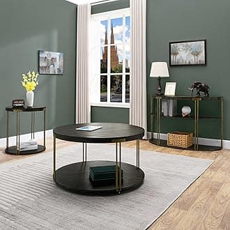 Biaco Modern Industrial Coffee Table Set of 3 - Living Room Furniture Set with Coffee, Side, and Console Tables - Antique Accent, Birch Veneer Texture & Gold Metal Legs, Brushed Black