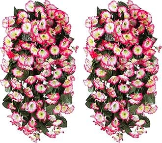 Artificial Fake Hanging Flowers Plants Vines for Outdoor Outside, 2PCS Faux Silk Pink Morning Glory Long Stems Realistic UV Resistant for Porch Patio Planter Window Box