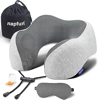 napfun Neck Pillow for Travel with Travel Pouch, Sleep Mask & Earplugs, Memory Foam Airplane Pillow for Headrest Sleep with Eyeshades, Plane Essentials with Eye Blindfold, Light Gray Kit