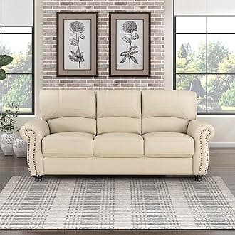 Lexicon Leather Match Couch for Living Room with Wood Frame, Rolled Armrest & Nailhead Trim, Top Grain Leather Match Sofa for Bedroom, Office, Waiting Room, 3-Seater Sofa, Cream​
