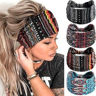 Boho Headbands For Women Fashion Stretch Wide Hair Bands Knotted Floral Turban Stripe Head Bands Yoga Running Sweatband Large African Headwrap Hair Accessories for Teen Girls 4Pcs