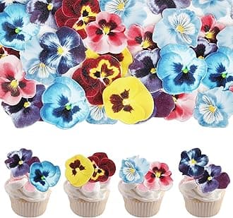 60 PCS Edible Flowers Cupcake Toppers Edible Spring Bridal Engagement Pansies Cake Decorations Wafer Paper Flowers Cupcake Picks for Baby Shower Kids Birthday Party Cake Food Decorations Supplies