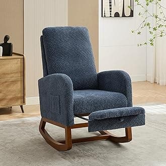 Nursery Rocking Chair with Foot Rest, Upholstered Glider Chair with Two Side Pockets, High Back Nursing Chair, Rocker Accent Armchair for Bedroom Living Room (Navy)