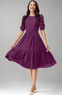 TRENDMALLS Dress for Women Cotton Blend Round Neck Half Puff Sleeve Flared Pleated Midi Western Dress