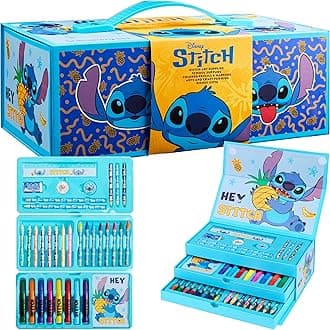 Stitch Kids Colored Pencils Drawing Kit Art Set for Girls Boys Stationery with Notepad Crayons Markers Travel Case Gifts for Kids (Blue Stitch)