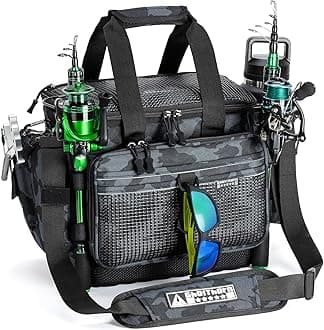Ghosthorn Fishing Tackle Bag with Rod Holder Saltwater & Freshwater Resistant Tackle Box Bag - Waterproof Base, Adjustable Padded Shoulder Strap (Black Camouflage)