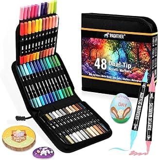 48 Colors Acrylic Paint Markers, Dual Tip with Fine Tip and Brush Tip Pens for Stone, Wood, Calligraphy, Canvas, Ceramic, Metal, Glass, Rock Painting, DIY Crafts Art Supplies Kit