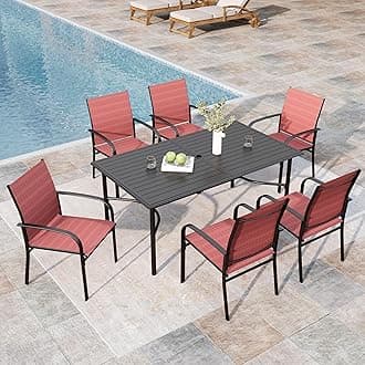 7-Piece Outdoor Dining Set 6 Red Textilene Chairs and Steel Rectangle Table with 1.97” Umbrella Hole for Deck Garden Backyard Lawn Poolside