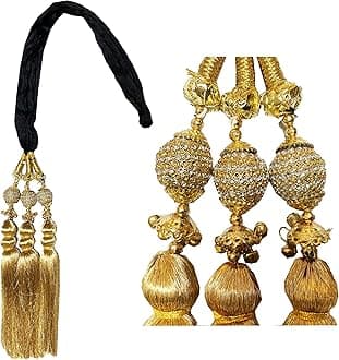 VTN Women's Patiala Shahi Paranda/Parandi Traditional Hair Accessory Braid Tassles/Hair Extension/Choti (Black With Golden Hangings)