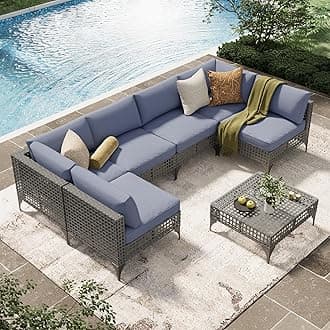U-MAX7-Piece Patio Furniture Set with Tea Table, Boho Outdoor Furniture Set Sectional Sofa Wicker Conversation Set, Grey Rattan&Blue