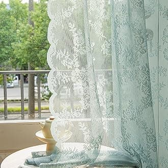 Deeprove Teal Lace Boho Curtains 84 Inches Long 2 Panels Set, Aqua Sheer Florals Bohemian Shabby Chic Vintage Window Treatment Pair Christmas Decor Drapes for Bedroom, Rod Pocket, W57 x L84