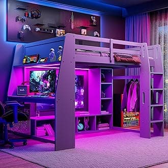 SOFTSEA Full Size Gaming Loft Bed with Desk and LED Lights, Wood Loft Bed Frame with Storage Shelves, Hanging Rack, Esports Gaming Loft Bed with Under Bed Space for Kids Adults Gamers, Grey