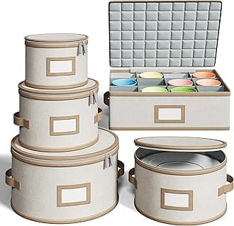 Hard Shell China Storage Containers – 5 Piece Set for Storing Dinner Plates, Salad Plates, Mugs, Quilted Dividers for Safe Moving and Seasonal Storage, Beige