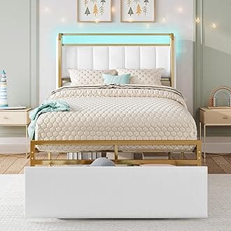 LIKIMIO Twin Size Bed Frame with Armrests Headboard & RGB Light, Upholstered Twin Size Bed Platform with Drawers, No Box Spring Needed, Study & No Noise, Modern Gold and White