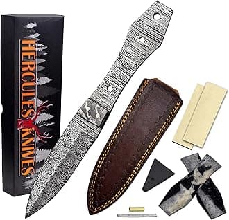 Custom Hand Forged Damascus Steel Blank Blade Diy Knife Making Kit DIY Including Camel Bone Scale, Leather sheath, Pins, Fiber Sheet Damascus Blade Billet, Knife Making Supply (BK-A)