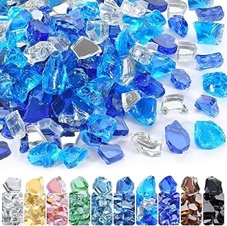 GasSaf 1/2 Inch Fire Glass Reflective Tempered Fireglass Cut Crushed FireGlass for Fire Pit, Fireplace, Replaces Existing Gas Logs(10 Pound)(Cobalt/Caribbean Blue, Crystal Ice Reflective)