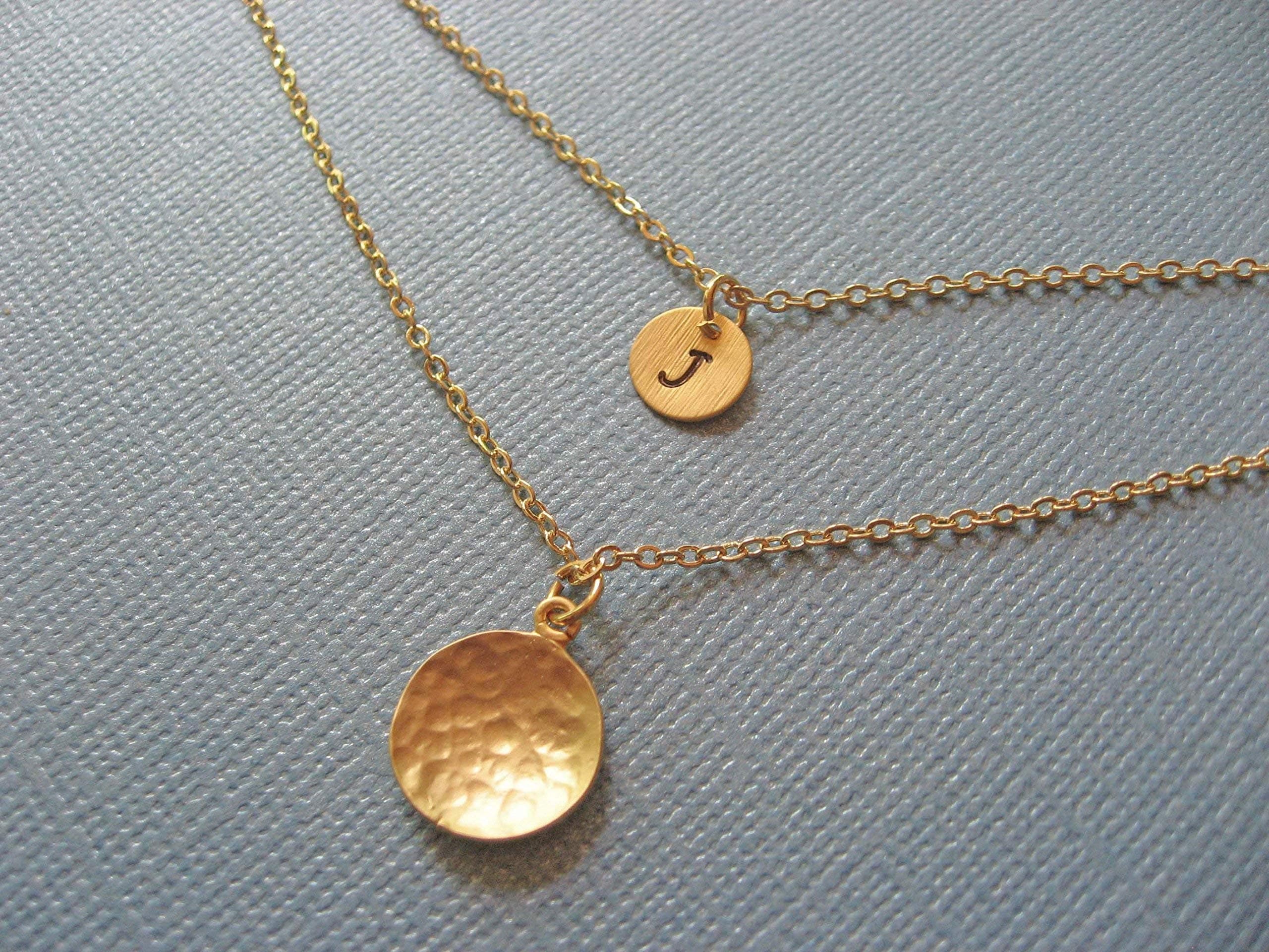 Hammered Disc Layering Necklaces with Tiny Initial Charm, Available in Gold or Silver Multi Strand Necklace