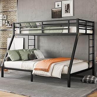 Twin XL Over Queen Bunk Bed,Heavy Duty Metal Bunk Bed Frame for Adults,2 Side Ladder,Guardrail,Space-Saving,Noise Reduced,No Box Spring Needed,Black (Twin XL Over Queen)