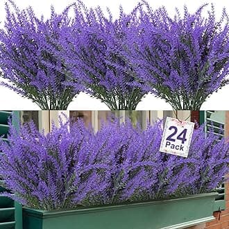 Ouddy Decor 24 Bundles Artificial Lavender Flowers Fake Plastic Purple Flowers Outside UV Resistant for Home Wedding Kitchen Garden Patio Window Box Office Table Centerpieces Indoor Outdoor (Purple)