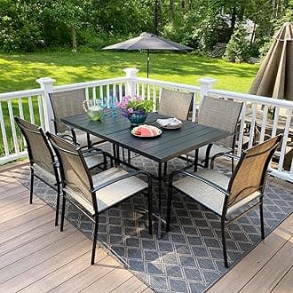 Outdoor Patio Dining Set 7 Piece Furniture Set with Metal Patio Dining Table with Umbrella Hole Table for Deck Garden Backyard Lawn Poolside