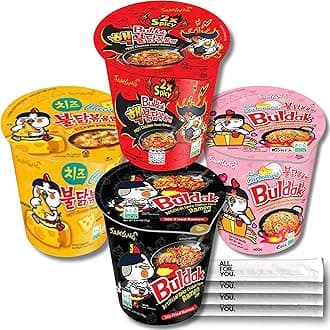 Buldak Ramen Noodles 4 Flavor Cup Variety Combo - Total 4 pack (1 Pack ea) - Original, 2x Spicy, Carbonara, Cheese - Spicy Ramen Noodles Buldak Ramen Korean Spicy Hot Chicken Stir-Fried Cup Noodles Bundle with 4 ALL.FOR.YOU. Branded Chopsticks