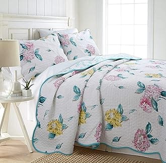 Cozy Line Home Fashions 100% Cotton Turquoise Blue Floral Hydrangea Garden Leaf Reversible Quilt Bedding Set, Coverlet, Bedspread (Valencia Bloom, King-3 Piece)