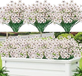 Lnoicy 12 Pcs Artificial Flowers for Outdoor,Plastic Flowers Decoration, UV Resistant Faux Flowers Shrubs, Artificial Plants for Indoor Outside Garden Home Wedding Farmhouse(White)